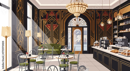 Elegant cafe interior with art deco details and a modern coffee bar