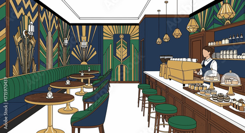 Elegant cafe interior, stylized with art deco design and muted color palette