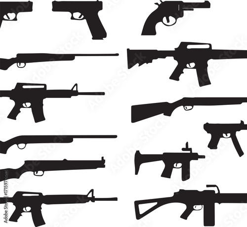 "Set of Firearm Silhouettes – Handguns, Rifles, Shotguns, and Tactical Weapons in Side View"