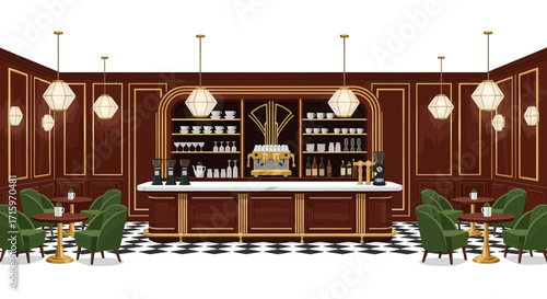 Elegant cafe scene with dark wood paneling and comfortable green seating