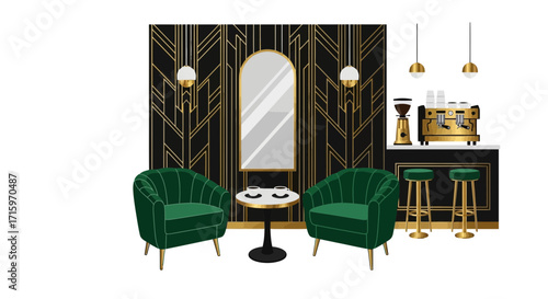Elegant coffee lounge with art deco details and modern design elements