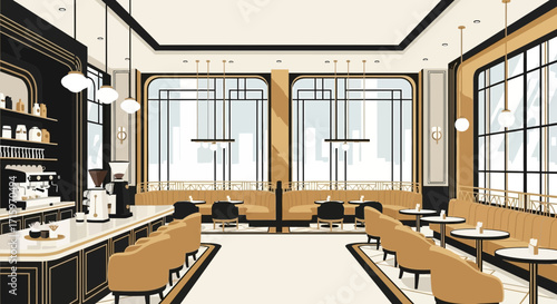 Elegant coffee shop interior illustration with booth seating and city view