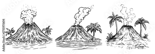 erupting volcanoes with palm trees illustration