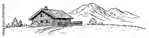 log cabin with mountain view black and white