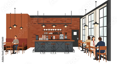 Elegant coffee shop setting showcasing patrons and industrial chic design