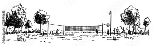 outdoor volleyball court with players illustration