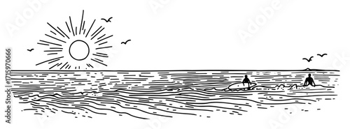 sunset over sea with people swimming sketch