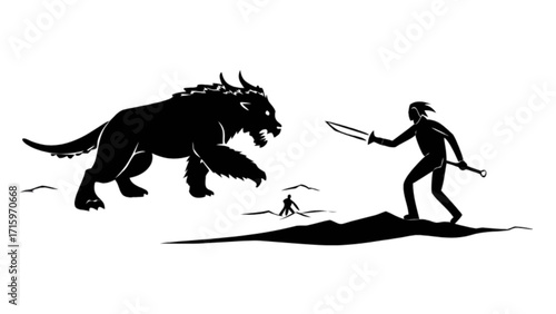 Silhouette of a horned beast facing a swordsman on a hill in a black and white landscape view scene