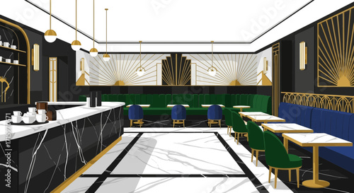 Elegant interior vector illustration with art deco design elements in a modern cafe