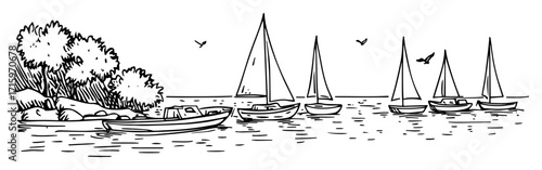 sailboats on lake near shore drawing