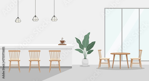 Elegant minimalist interior of a cafe with modern furniture and plant