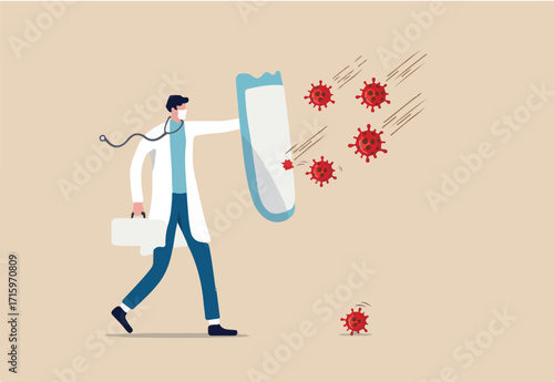 Fight and protect COVID-19 Coronavirus outbreak concept, Doctor wearing sanitary mask with stethoscope holding protective shield and vaccine box to protect from COVID-19 coronavirus pathogens.