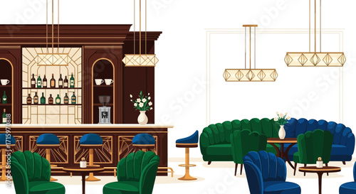 Elegant vintage bar and lounge area with retro furniture and lighting