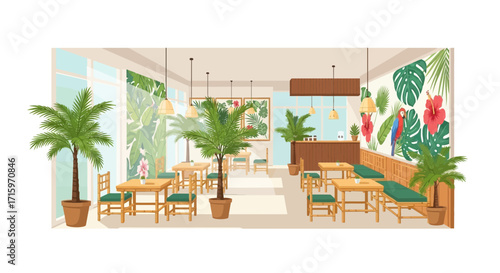 Exotic tropical-themed cafe interior design showcasing lush greenery