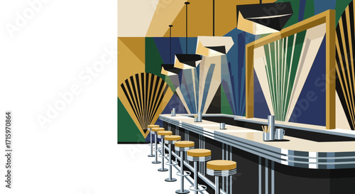 Geometric abstraction of an upscale diner scene with bar and stools