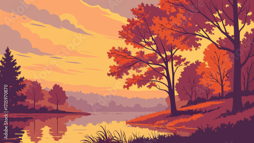 A scenic landscape with trees and water reflecting the sky at sunset in autumn colors with a forest view