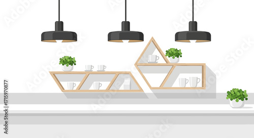 Geometric minimalist kitchen interior with plants and coffee cups setting
