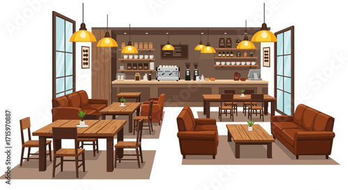 Illustration of a cozy and inviting coffee shop interior with ample seating