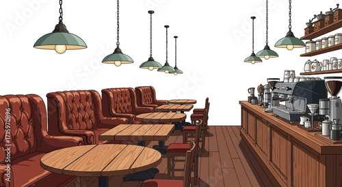 Illustration of a charming cartoon-style coffee shop with vintage decor