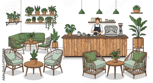 Indoor cafe area illustration with plants and rattan furniture arrangement
