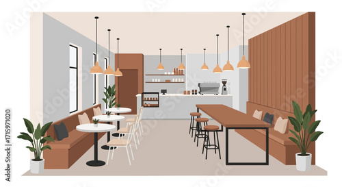 Interior design of a modern cafe with comfortable seating arrangements