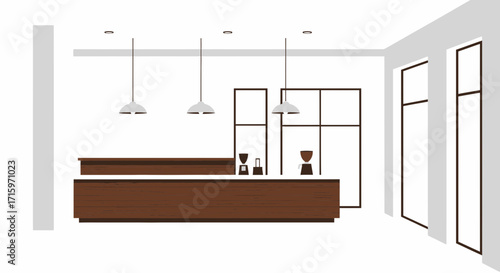 Interior coffee shop layout with wooden counter and minimalist design