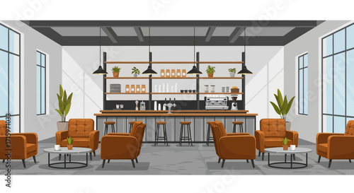 Interior design of a modern cozy coffee shop, designed with warm colors