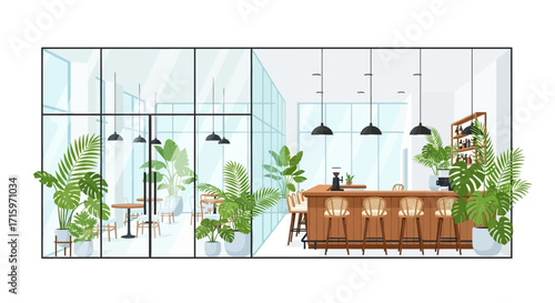 Interior design of a modern stylish cafe with plants and natural light