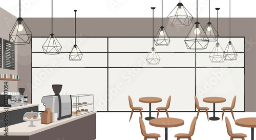 Interior illustration of a modern coffee shop with geometric lighting