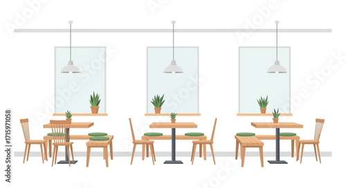 Interior illustration of a minimalist cafe with chairs, tables and plants