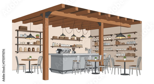 Interior illustration of a trendy coffee shop with a cozy and relaxed setting