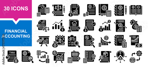 Vector set of financial accounting glyph collection. Containing financial, accounting,  business, tax, cost