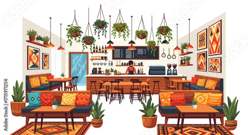 Inviting bohemian style coffee shop interior with plants and patterns