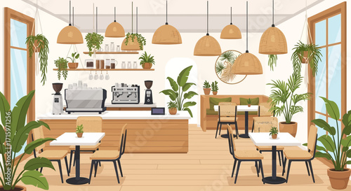 Inviting atmosphere of a modern coffee shop filled with plants and light