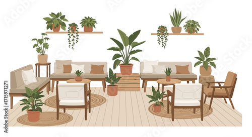 Inviting botanical sunroom with wooden furniture and an earthy aesthetic