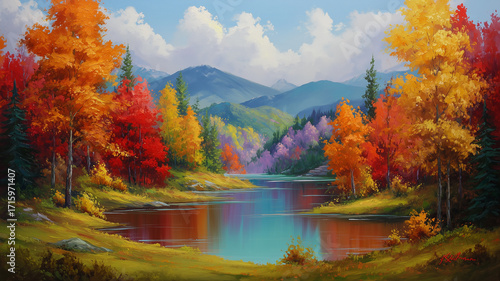 鮮烈な紅葉が織りなす秋の景色をアクリルタッチで再現した風景画、心を奪う色彩と優雅な筆致が特徴の抽象アート、広告やポスター背景に使える芸術的なビジュアル素材