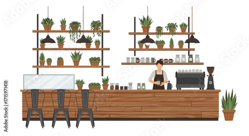 Inviting Coffee Shop Interior with Barista, Plants, and Modern Design