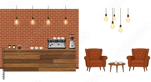 Inviting coffee shop interior with brick wall and cozy seating arrangement