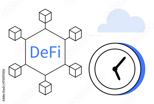 Hexagonal network of blockchain nodes labeled DeFi, analog clock symbolizing time, and cloud element. Ideal for decentralization, blockchain, finance, time management, technology, innovation simple