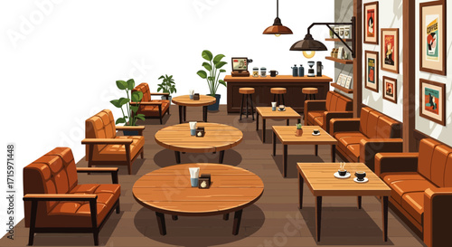 Inviting coffee shop interior with modern furniture and decoration style