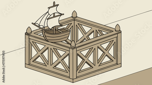 Isometric view of a ship model inside of a wooden structure with decorative finials on top corners