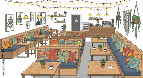 Inviting interior of a cozy cafe with unique seating and decor elements