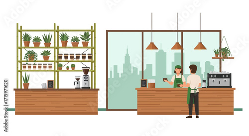 Inviting modern coffee shop scene with barista and customer interaction