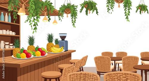Inviting interior with tropical plants and fresh fruit display on counter