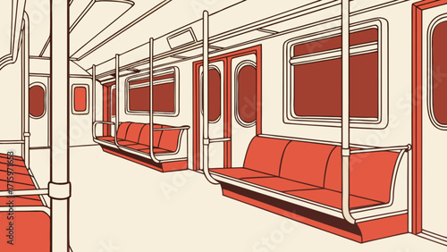 Illustration of an empty subway car interior with seats and poles in a retro style design and color