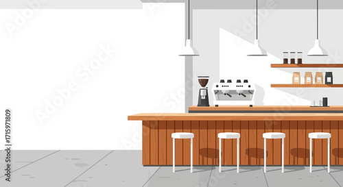 Minimalist Coffee Shop Interior with Espresso Machine and Bar Seating