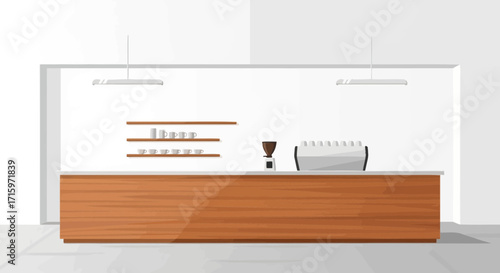 Minimalist coffee shop interior with wooden counter and coffee machine