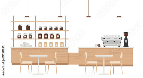 Minimalist coffee shop interior with wooden furniture and coffee equipment