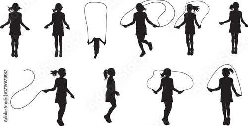 Silhouette of girl skipping rope, children exercise activity, fitness training, outdoor play, jump rope workout, healthy lifestyle, fun sport movement