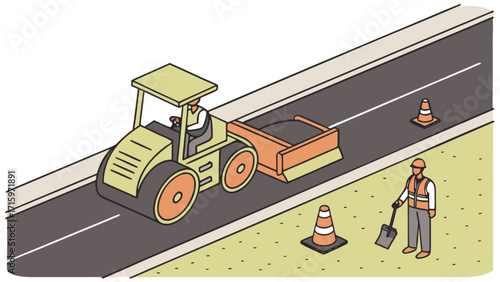 Road construction scene featuring a steamroller and a construction worker with traffic cones visible
